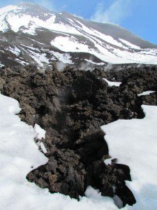 Steam venting from the lava of the most recent eruption earlier this year