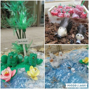 Craftytastic Easter display with plastic bottles