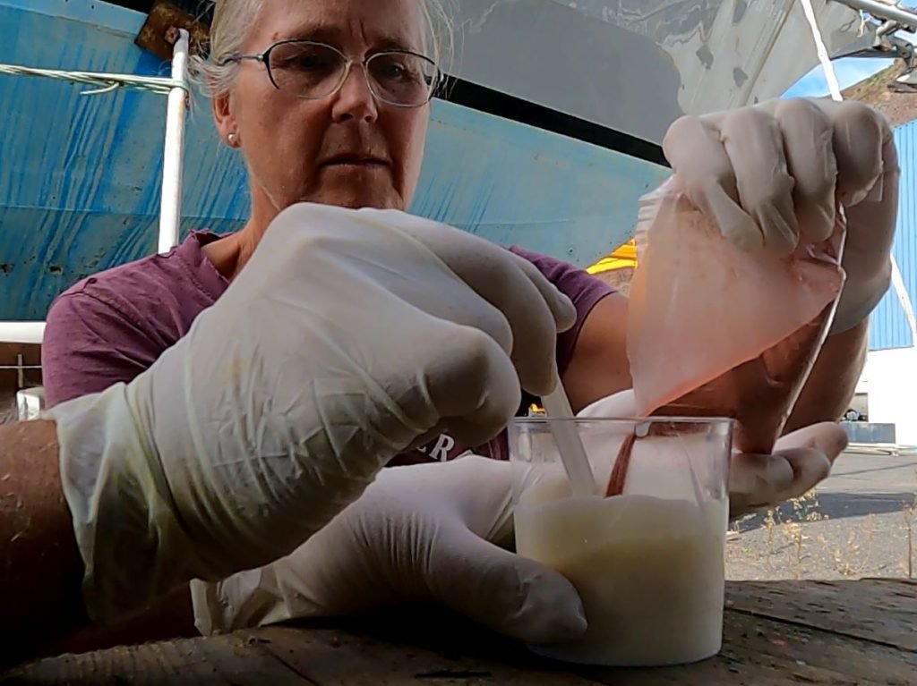 a woman pouring copper into a pot of Coppercoat epoxy whilst a hand stirs
